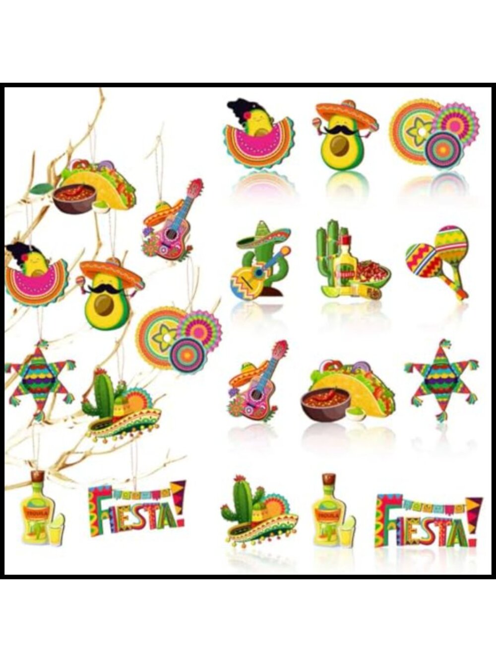 Mexican Fiesta Wooden Ornaments 37pc Cinco De Mayo Tree Hanging Decor